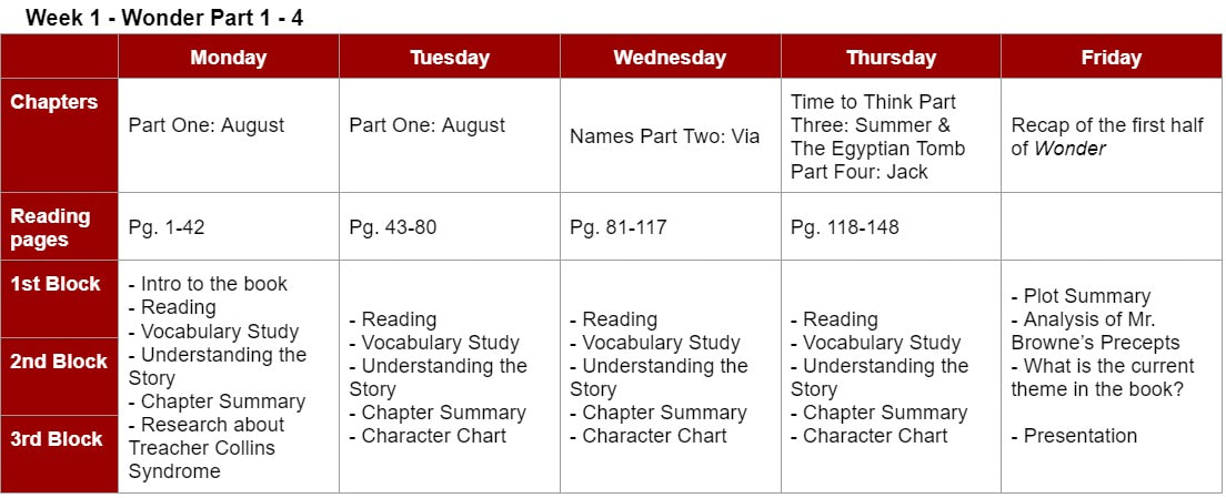 sample schedule of 2-week Literature Camp on Wonder by RJ Palacio, week 1